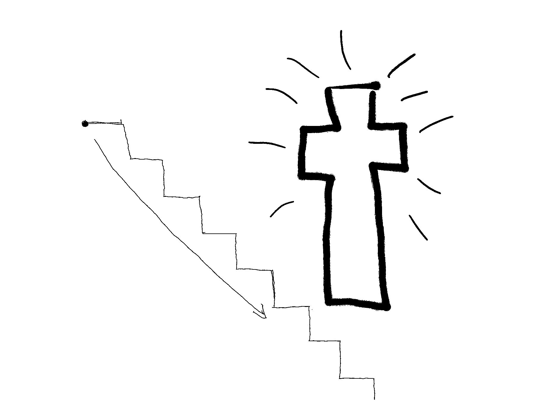 Picture of downward stairway with a large glorious cross in perspective